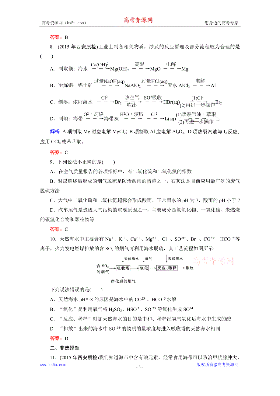 《优化探究》2016届高考化学总复习课时作业：4-5海水资源的开发利用　环境保护与绿色化学.doc_第3页