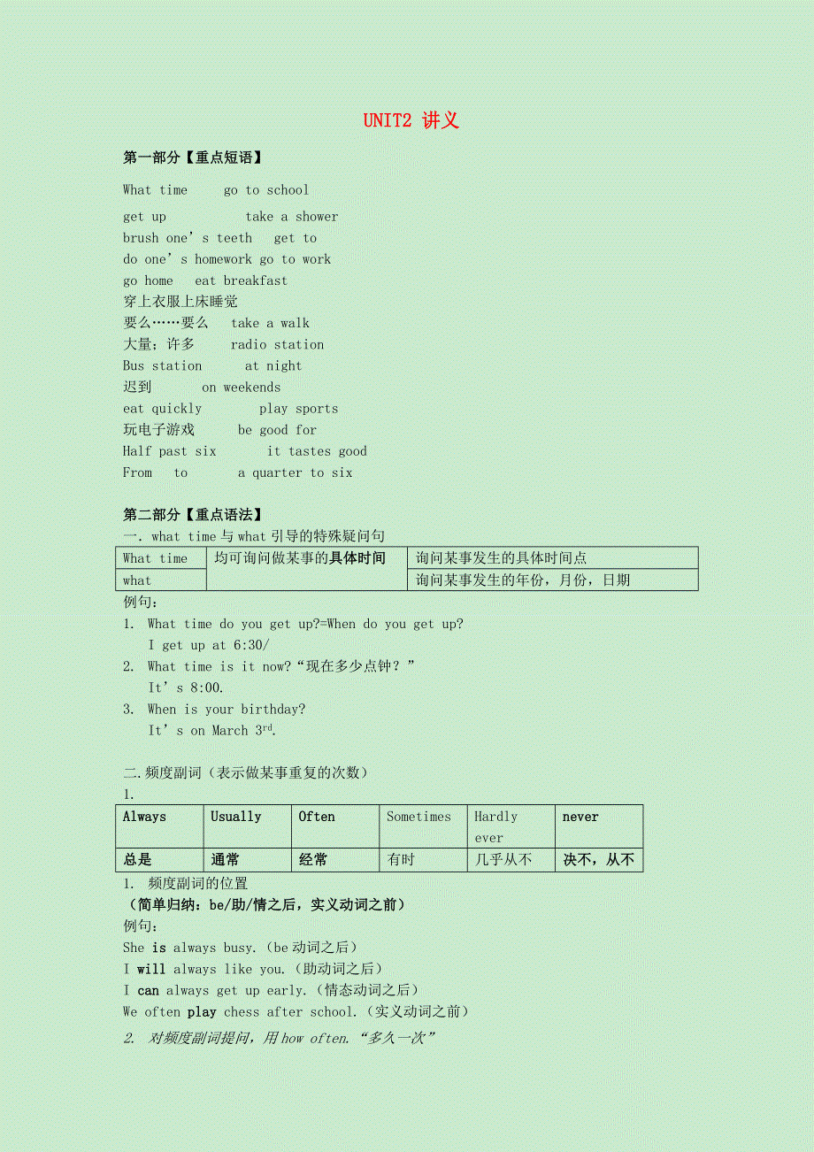 七年级英语下册 第二单元 重点短语语法练习题 （新版）人教新目标版.docx_第1页