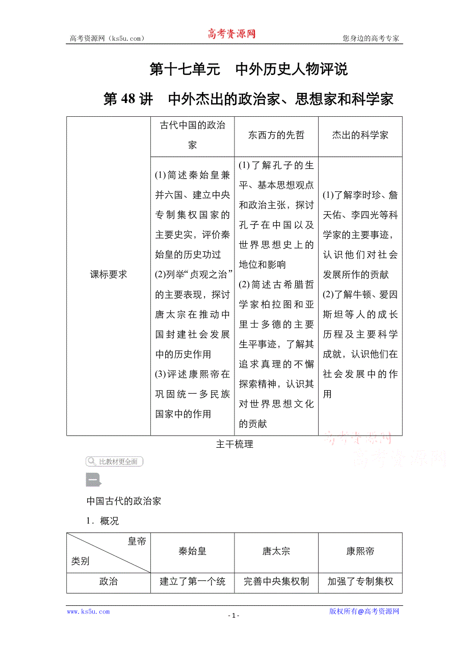 2021届新高考历史一轮复习（选择性考试模块版）学案：第17单元 第48讲　中外杰出的政治家、思想家和科学家 WORD版含解析.doc_第1页