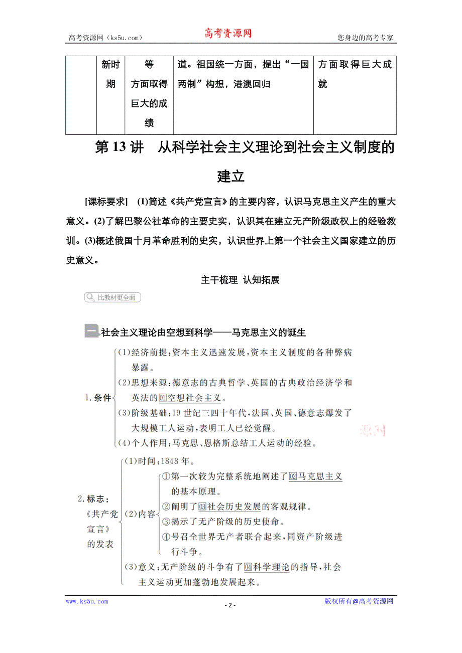 2021届新高考历史一轮复习（选择性考试模块版）学案：第4单元 第13讲 从科学社会主义理论到社会主义制度的建立 WORD版含解析.doc_第2页