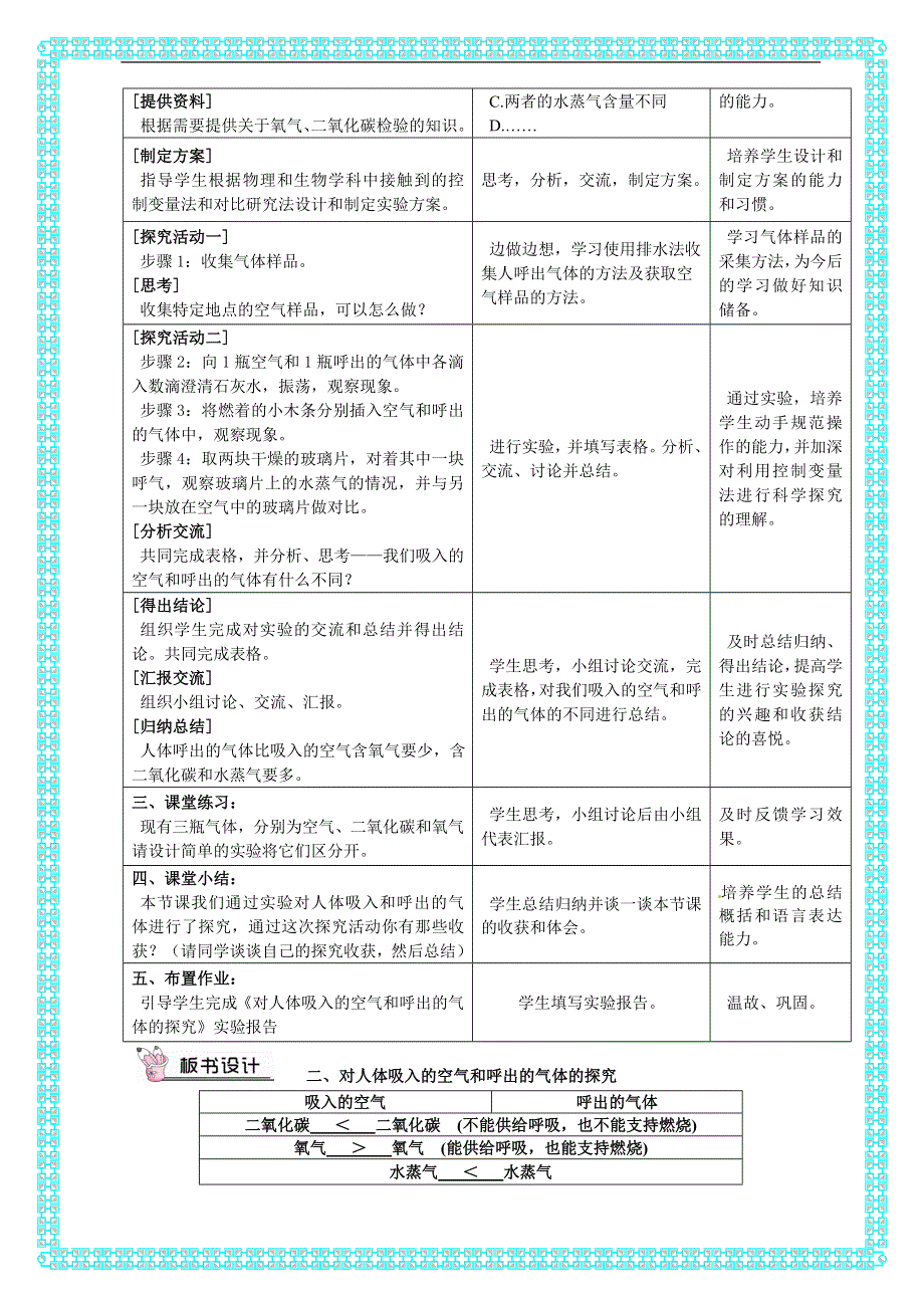 人教版九年级化学上册：第一单元 课题 2 化学是一门以实验为基础的科学-对人体吸入的空气和呼出气体的探究（第二课时） --教案.doc_第2页