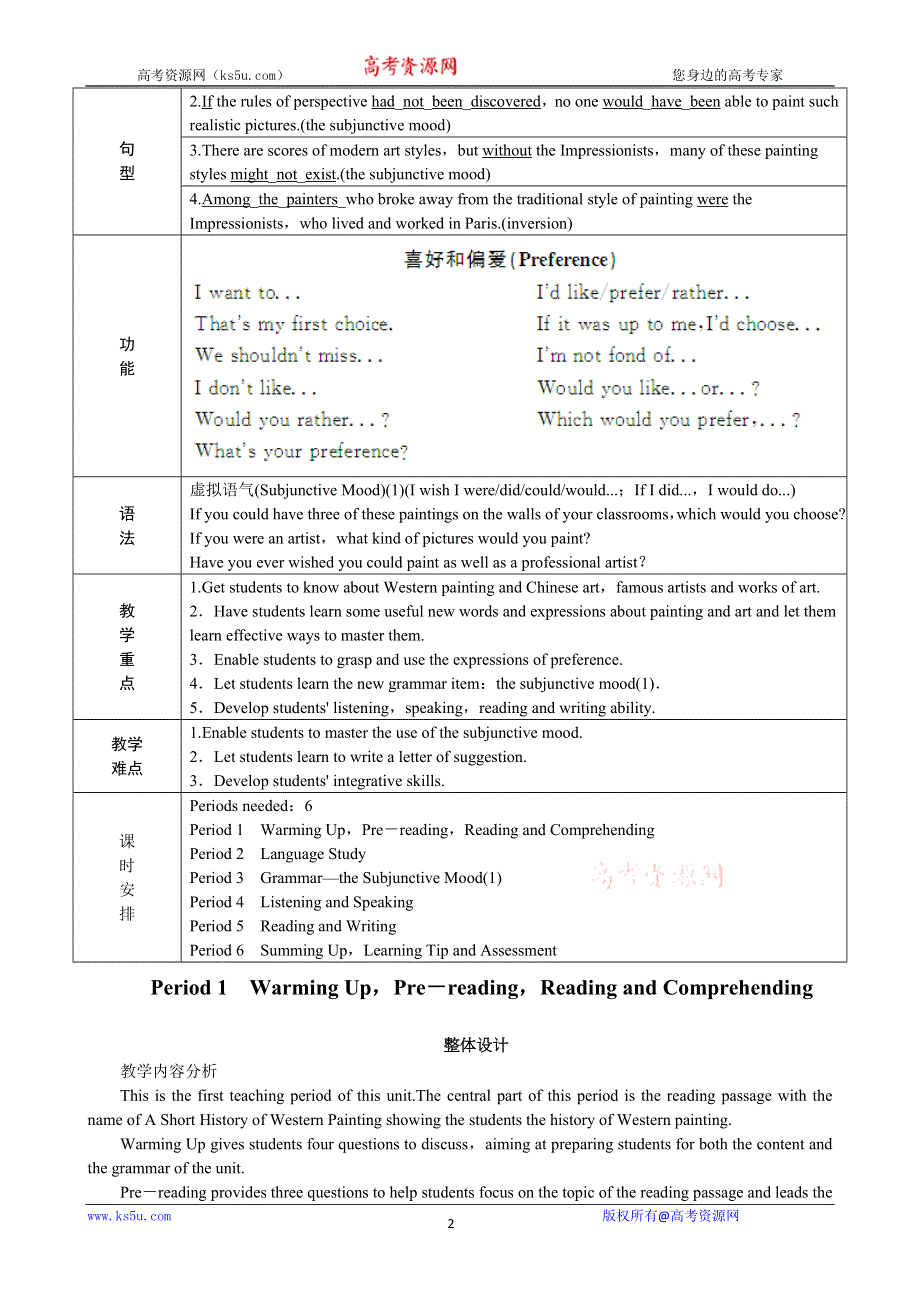 《开学大礼包》2012高二英语精品教案：UNIT 1 ART PERIOD 1 WARMING UPPRE－READINGREADING AND COMPREHENDING （人教版选修6）.doc_第2页