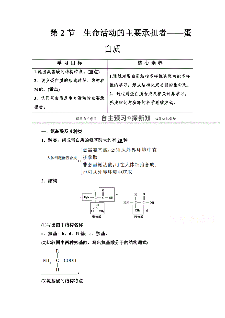 2020-2021学年人教版高中生物必修1学案：第2章 第2节　生命活动的主要承担者——蛋白质 WORD版含解析.doc_第1页