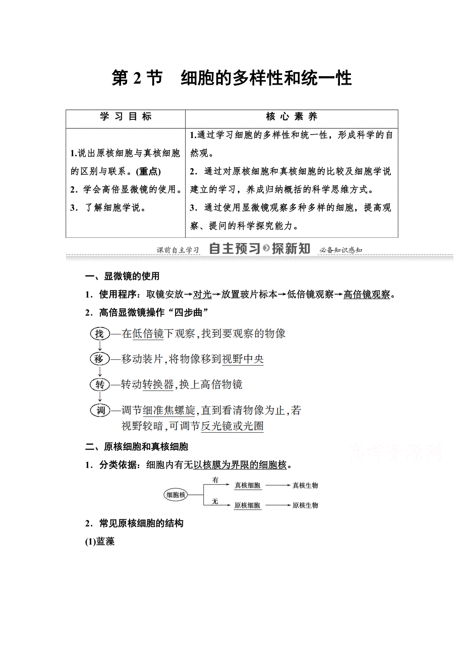 2020-2021学年人教版高中生物必修1学案：第1章 第2节　细胞的多样性和统一性 WORD版含解析.doc_第1页