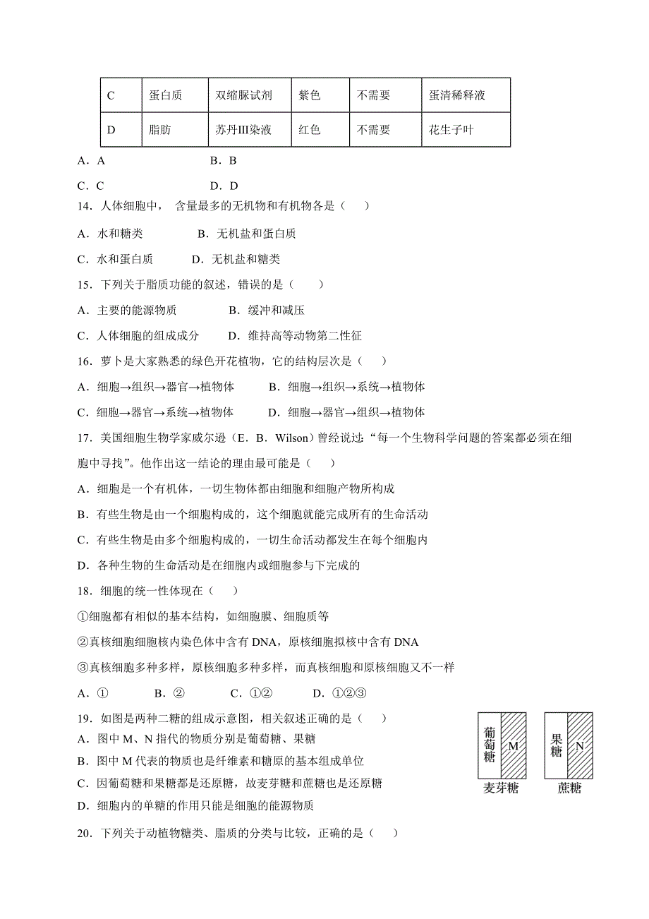 山东师范大学附属中学2020-2021学年高一10月月考生物试题 WORD版含答案.doc_第3页