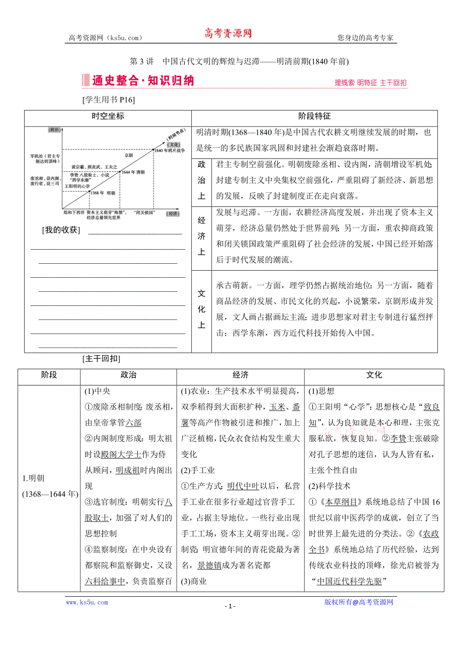 2020届高考历史二轮教师用书：第3讲　中国古代文明的辉煌与迟滞——明清前期（1840年前） WORD版含解析.doc_第1页