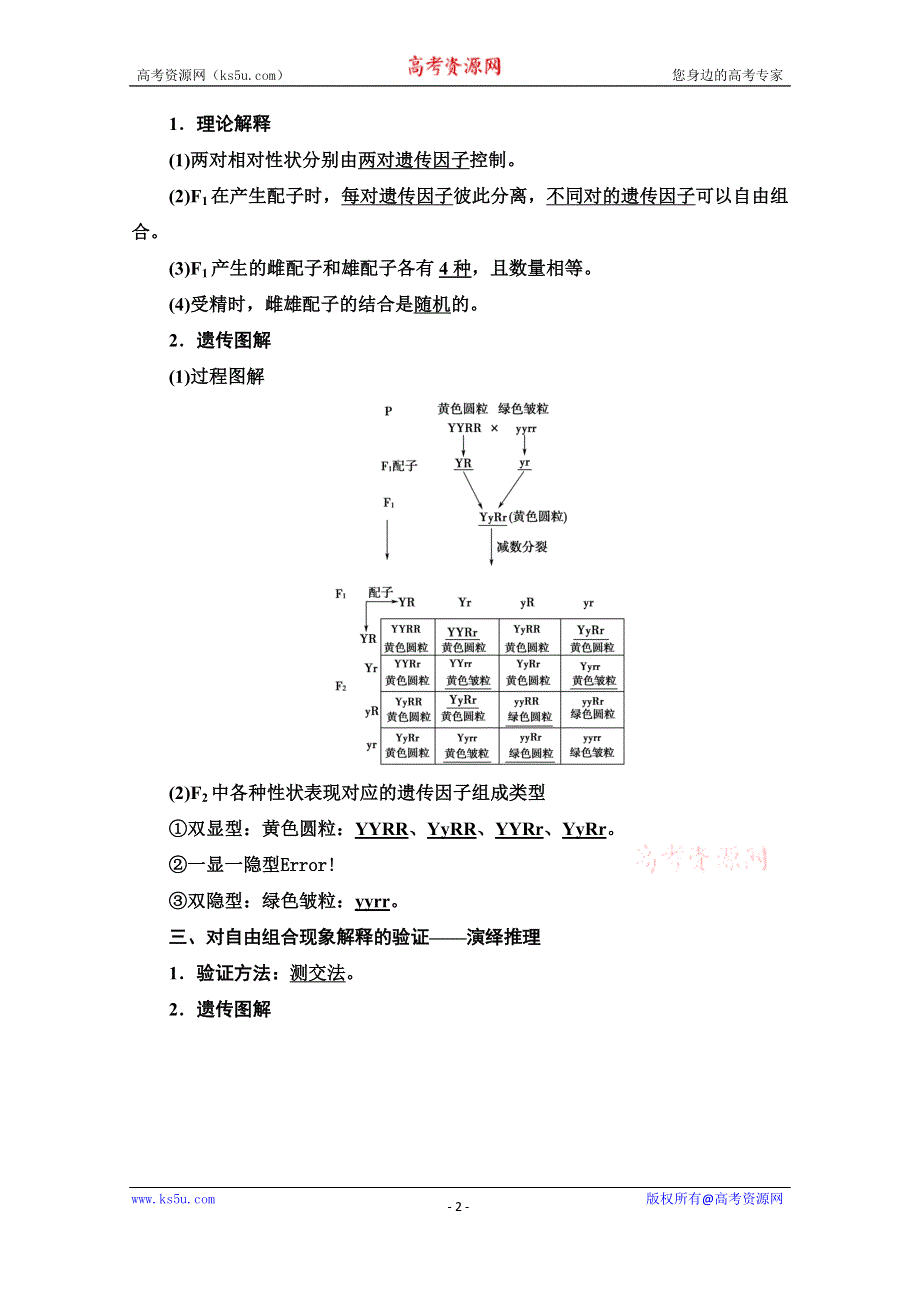 2020-2021学年人教版高中生物必修2学案：第1章 第2节 第1课时　两对相对性状的杂交实验 WORD版含解析.doc_第2页