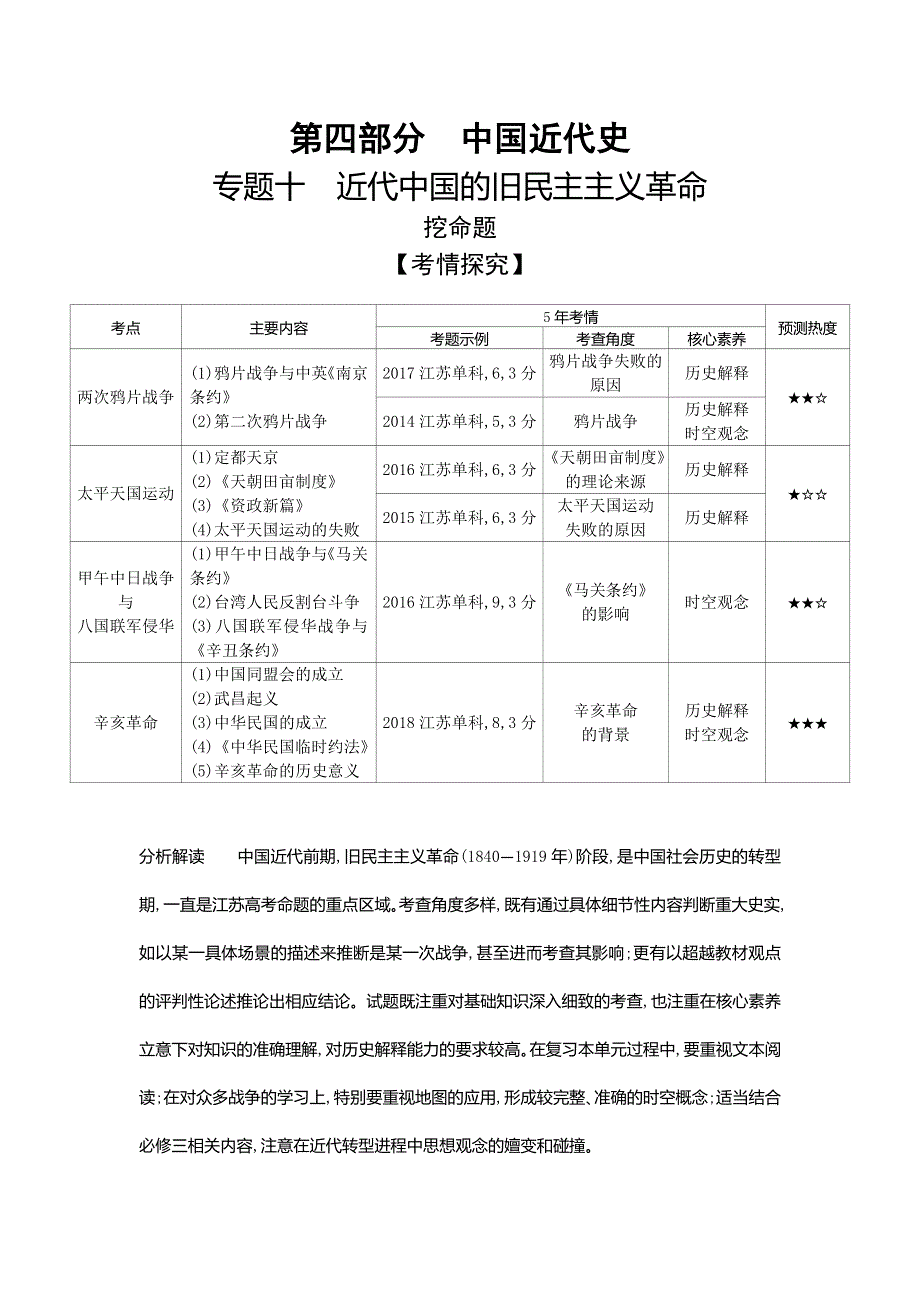 2020届高考历史总复习（江苏专版）一轮配套讲义：第四部分 中国近代史 专题十　近代中国的旧民主主义革命 WORD版含答案.doc_第1页