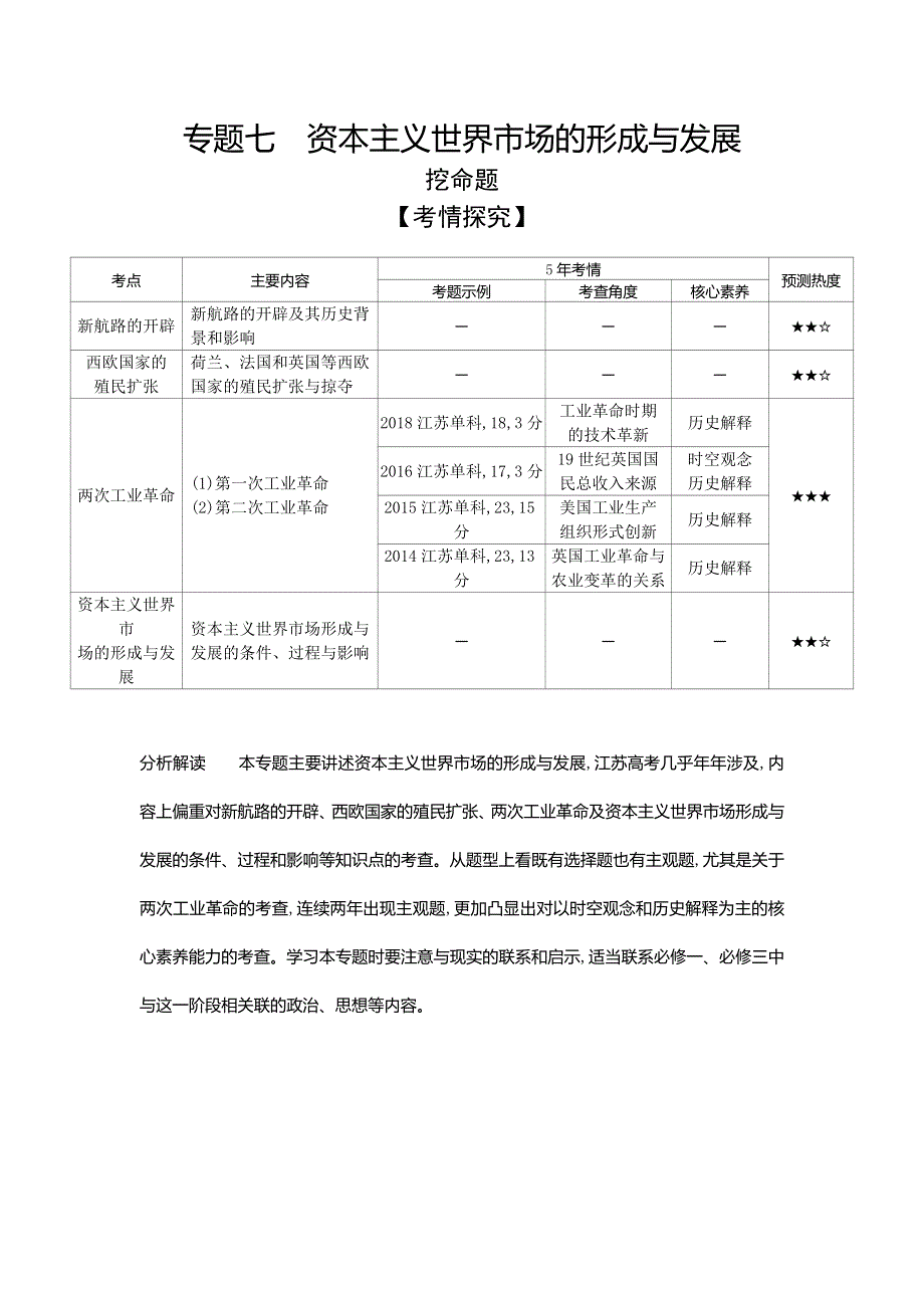 2020届高考历史总复习（江苏专版）一轮配套讲义：第三部分 世界近代史 专题七　资本主义世界市场的形成与发展 WORD版含答案.doc_第1页