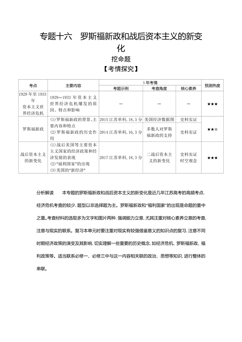 2020届高考历史总复习（江苏专版）一轮配套讲义：第五部分 世界现代史 专题十六　罗斯福新政和战后资本主义的新变化 WORD版含答案.doc_第1页