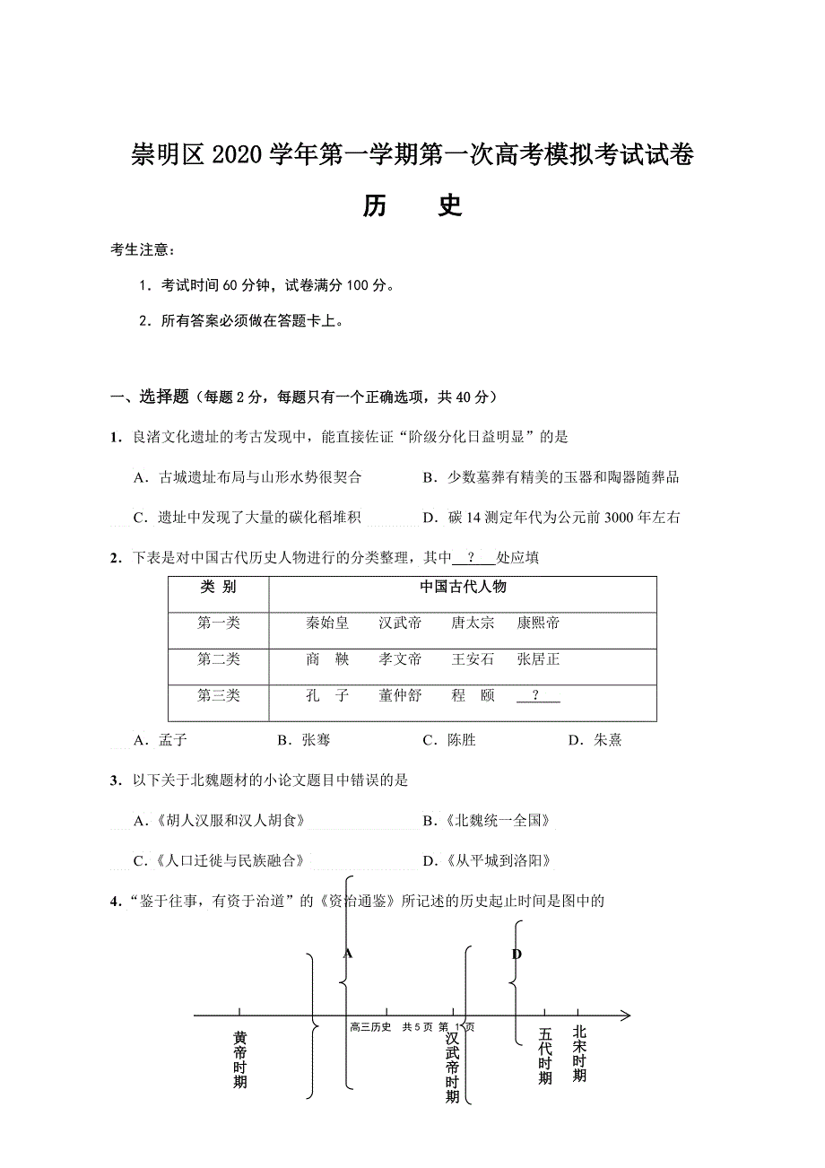 上海市崇明区2021届高三上学期一模考试历史试题 WORD版含答案.docx_第1页