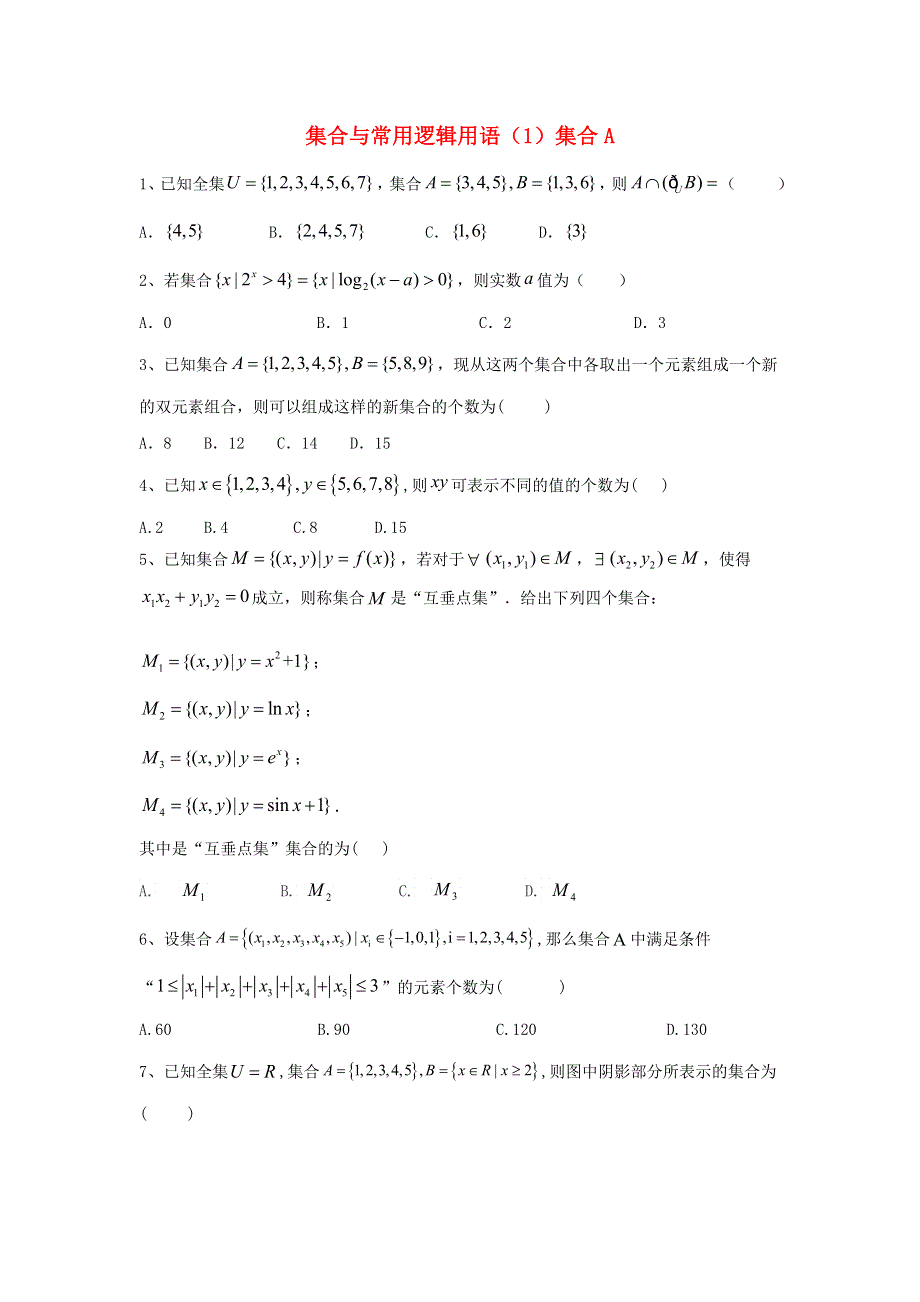 2020届高考数学一轮复习 专题一 集合与常用逻辑用语（1）集合精品特训（A卷理含解析）.doc_第1页