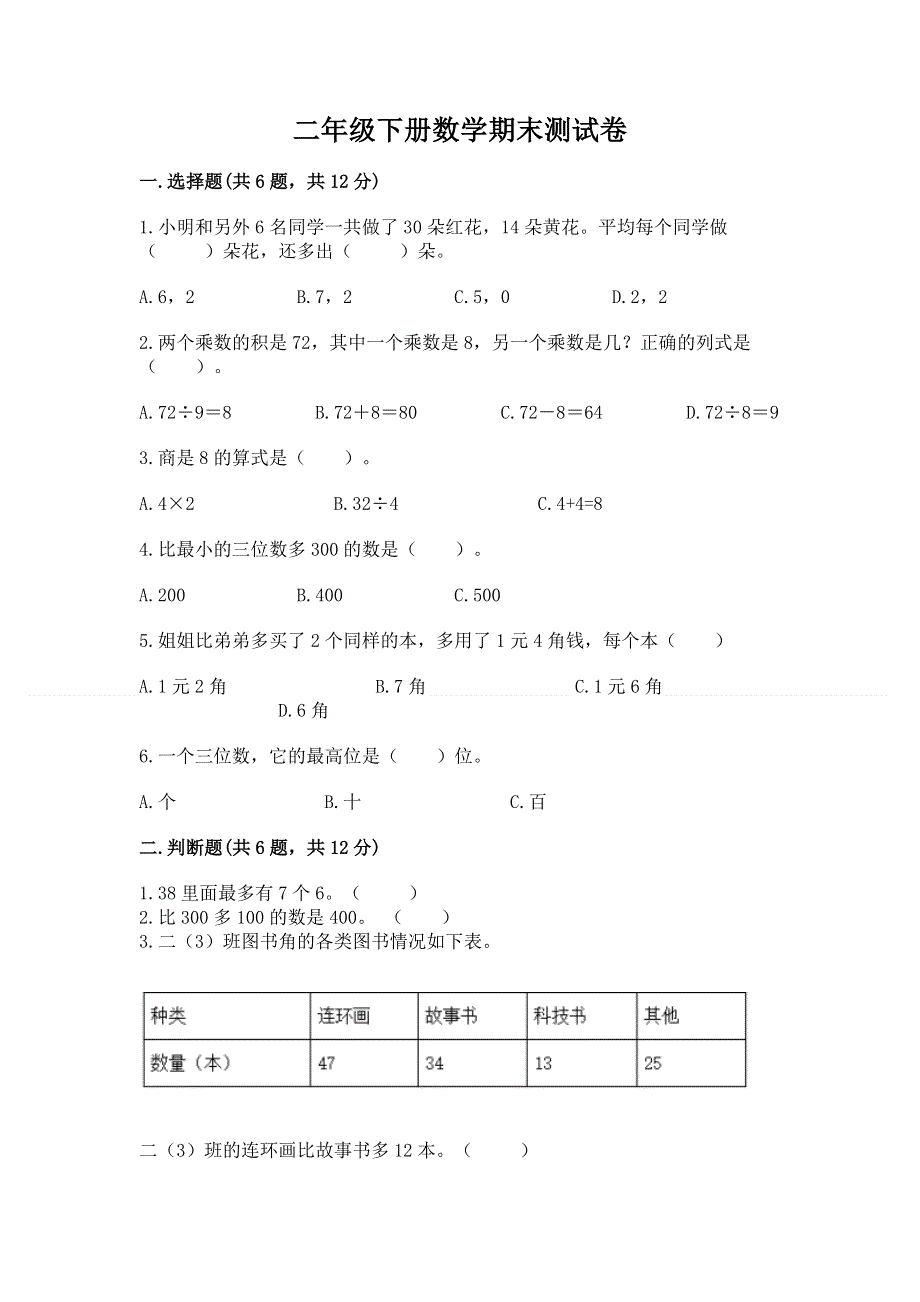 二年级下册数学期末测试卷加答案（实用）.docx_第1页