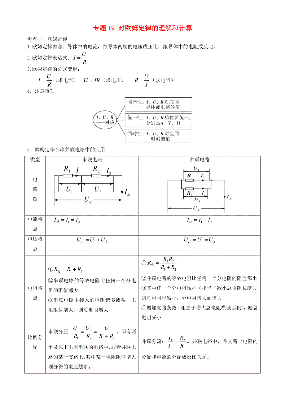 2020-2021学年初中物理电学同步专题点拨与强化 专题19 对欧姆定律的理解和计算（含解析）.doc_第1页