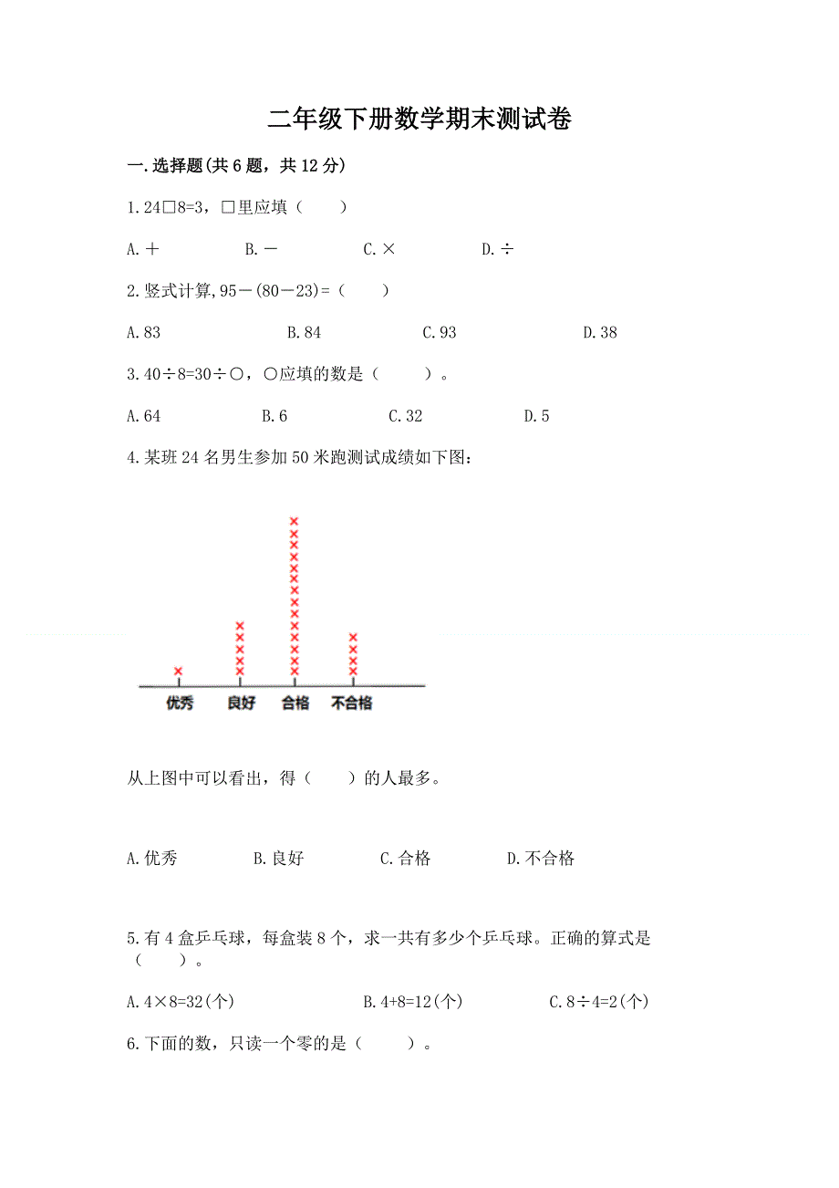 二年级下册数学期末测试卷带答案.docx_第1页