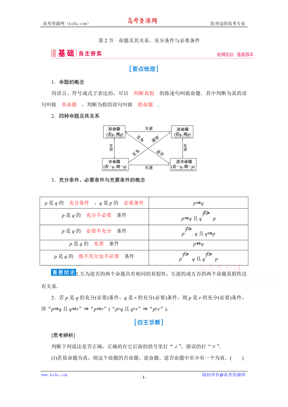 2020届高考数学二轮教师用书：第一章第2节　命题及其关系、充分条件与必要条件 WORD版含解析.doc_第1页