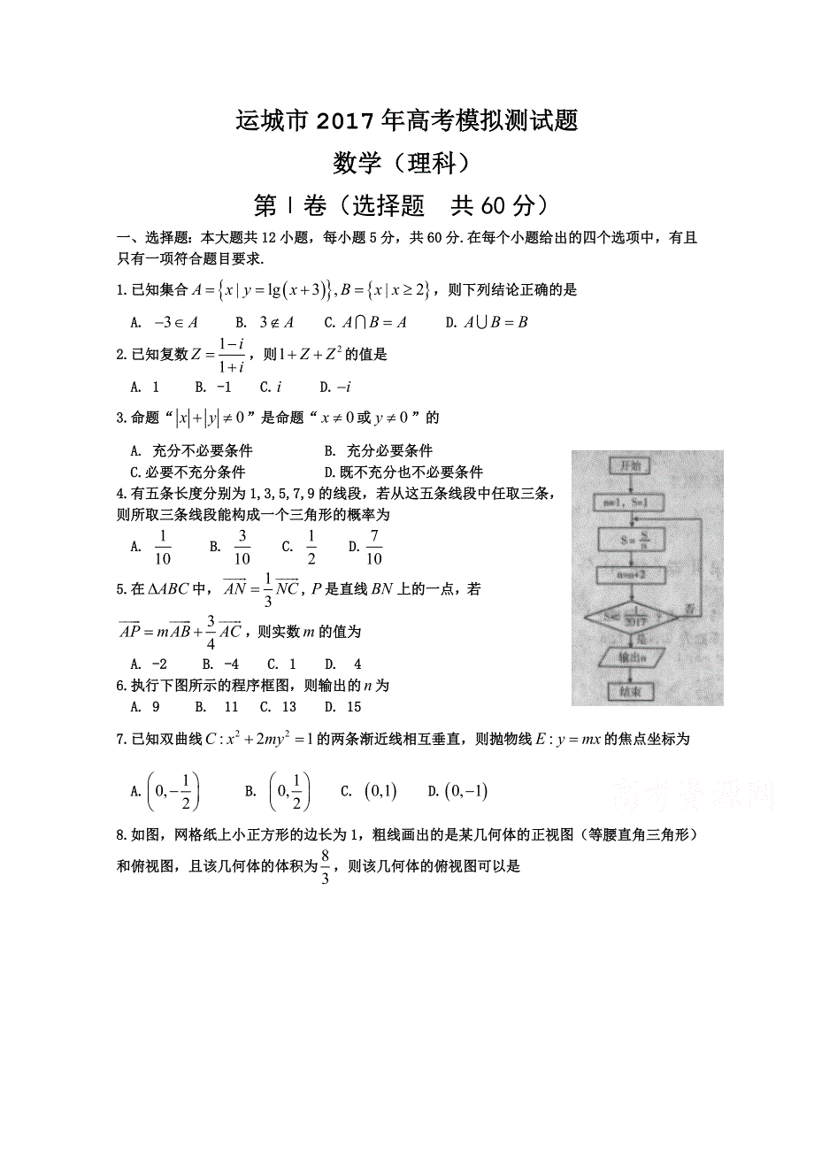 《首发》山西省运城市2017届高三4月模拟调研测试数学（理）试题 WORD版含答案BYBAO.doc_第1页