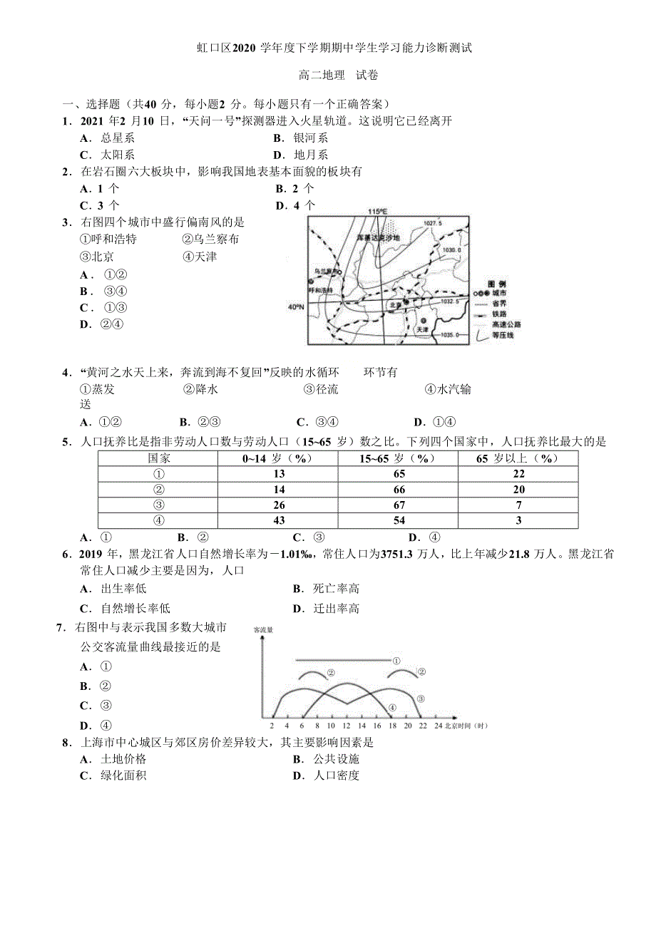 上海市虹口区2020-2021学年高二下学期期中学生学习能力诊断测试地理试题 WORD版含答案.docx_第1页