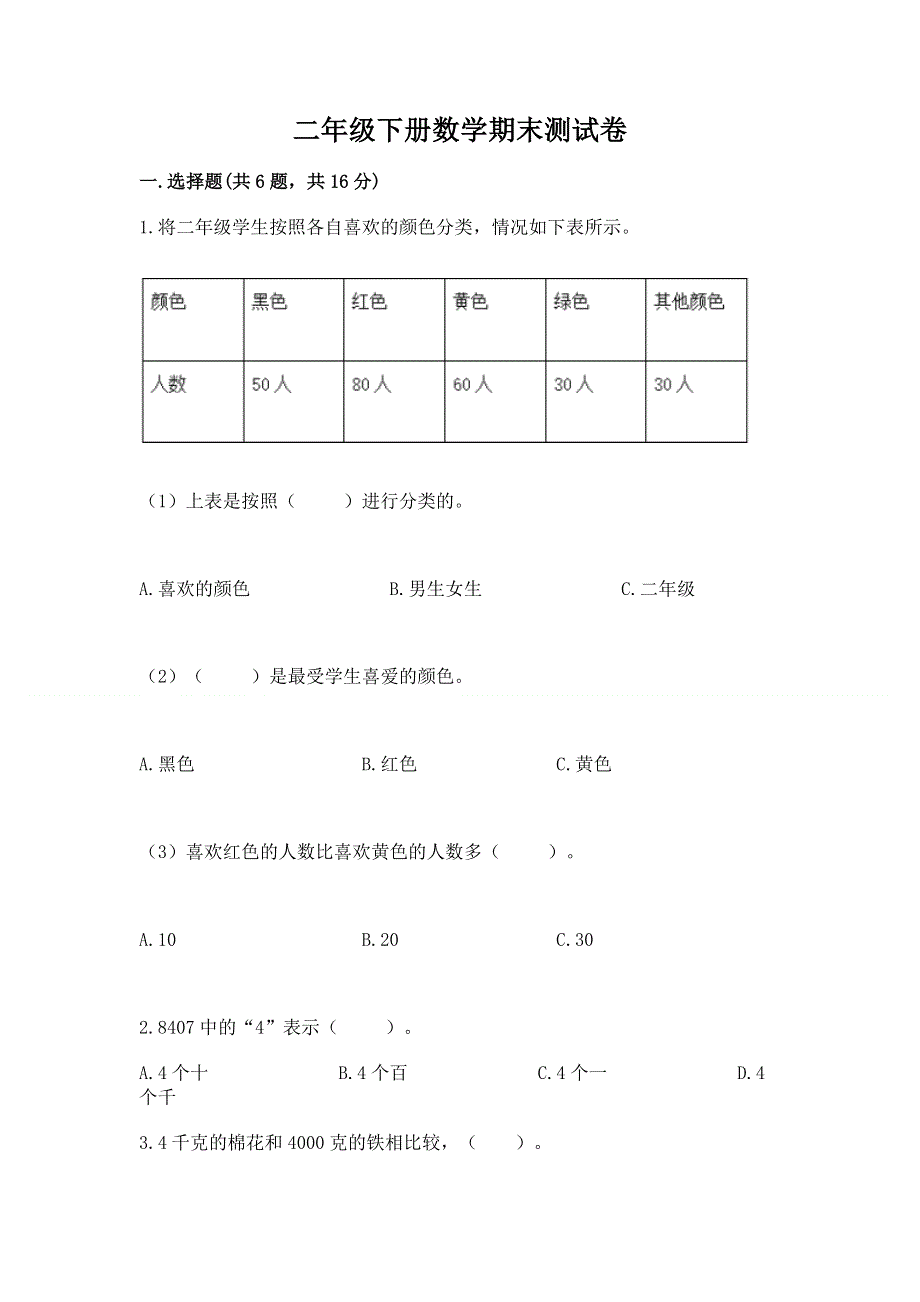 二年级下册数学期末测试卷精品【易错题】.docx_第1页