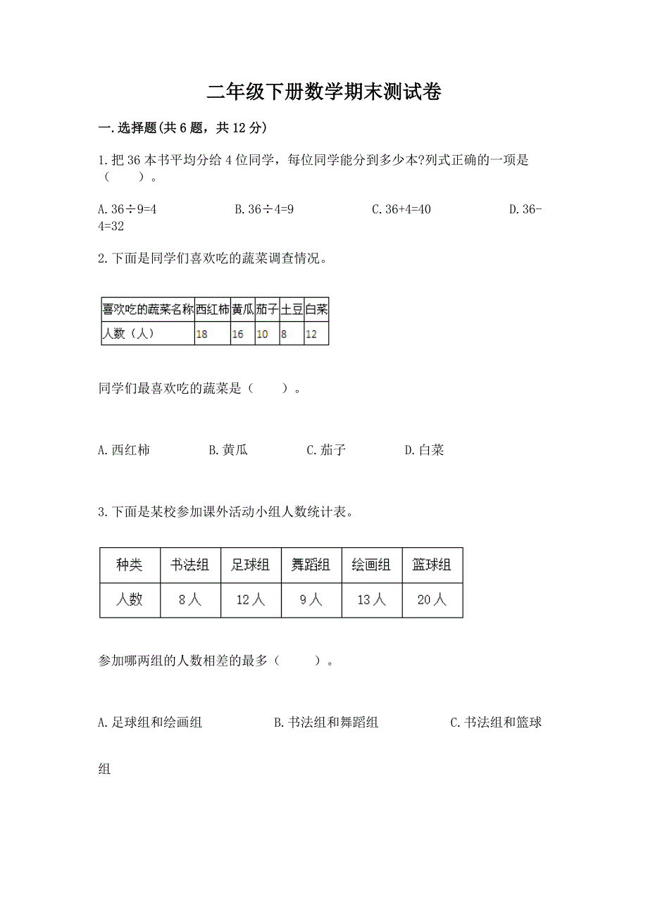 二年级下册数学期末测试卷（网校专用）word版.docx_第1页