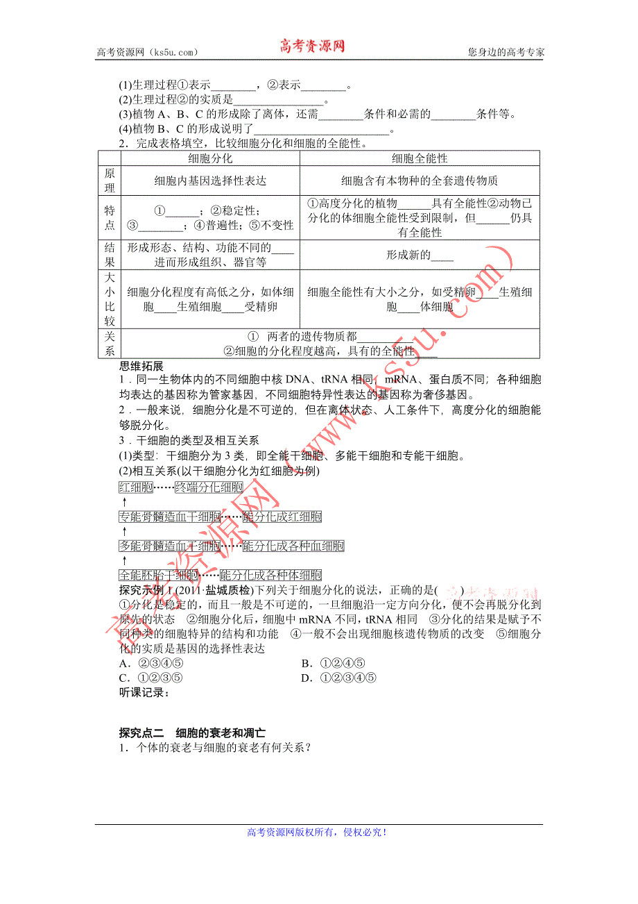 2013届高考生物一轮复习学案16　细胞的分化、衰老、凋亡和癌变（人教版）.doc_第3页