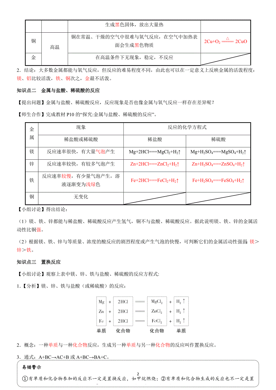 九年级化学下册导学案：第8单元 课题2第1课时金属与氧气、酸的反应（教用）.docx_第2页