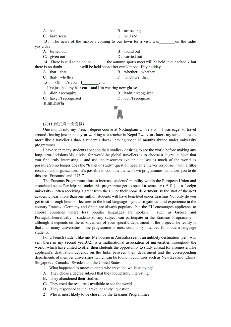 2012《金版新学案》高考总复习（北师大·安徽专版）（练习）英语必修7-8：课时作业（三十九）.doc_第2页