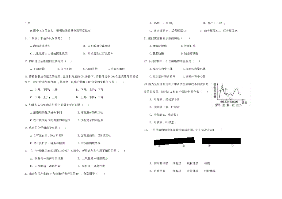 上海市2021-2022学年高一上学期《生命科学》合格考开学模拟检测试题2 WORD版含答案.docx_第2页