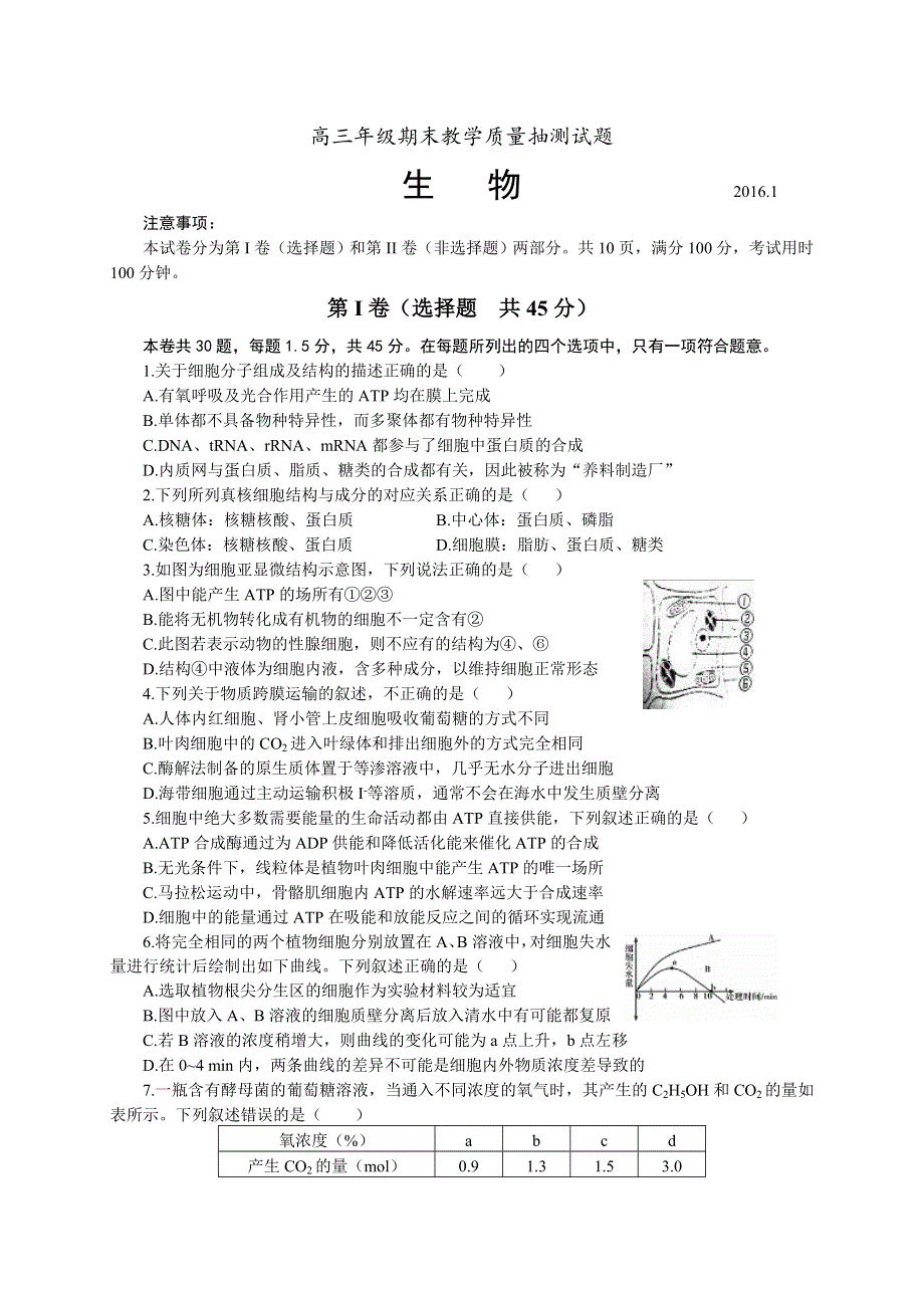 山东省临沂市2016届高三上学期期末考试生物试题 WORD版含答案.doc_第1页