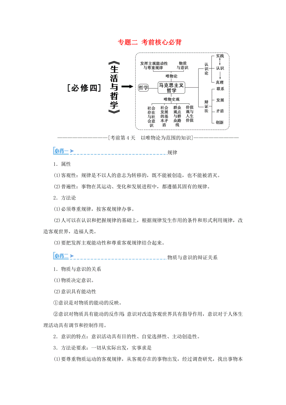 2020届高考政治二轮复习 下篇 专题二 考前核心必背讲义 习题（含解析）（必修4）.doc_第1页