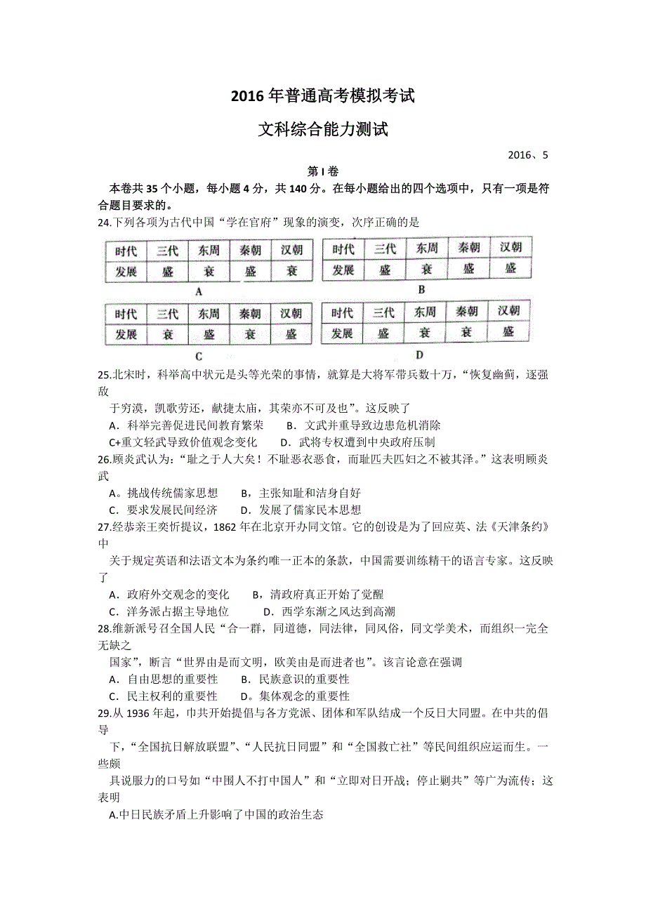 山东省临沂市2016届高三下学期第二次模拟考试文综历史试题 WORD版含答案.doc_第1页