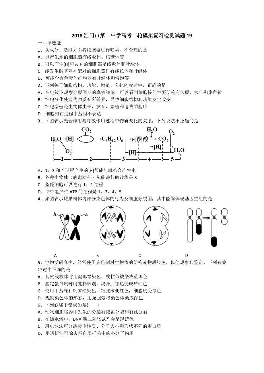 《发布》2018广东省江门市第二中学高考生物二轮模拟复习检测试题 19 WORD版含答案.doc_第1页