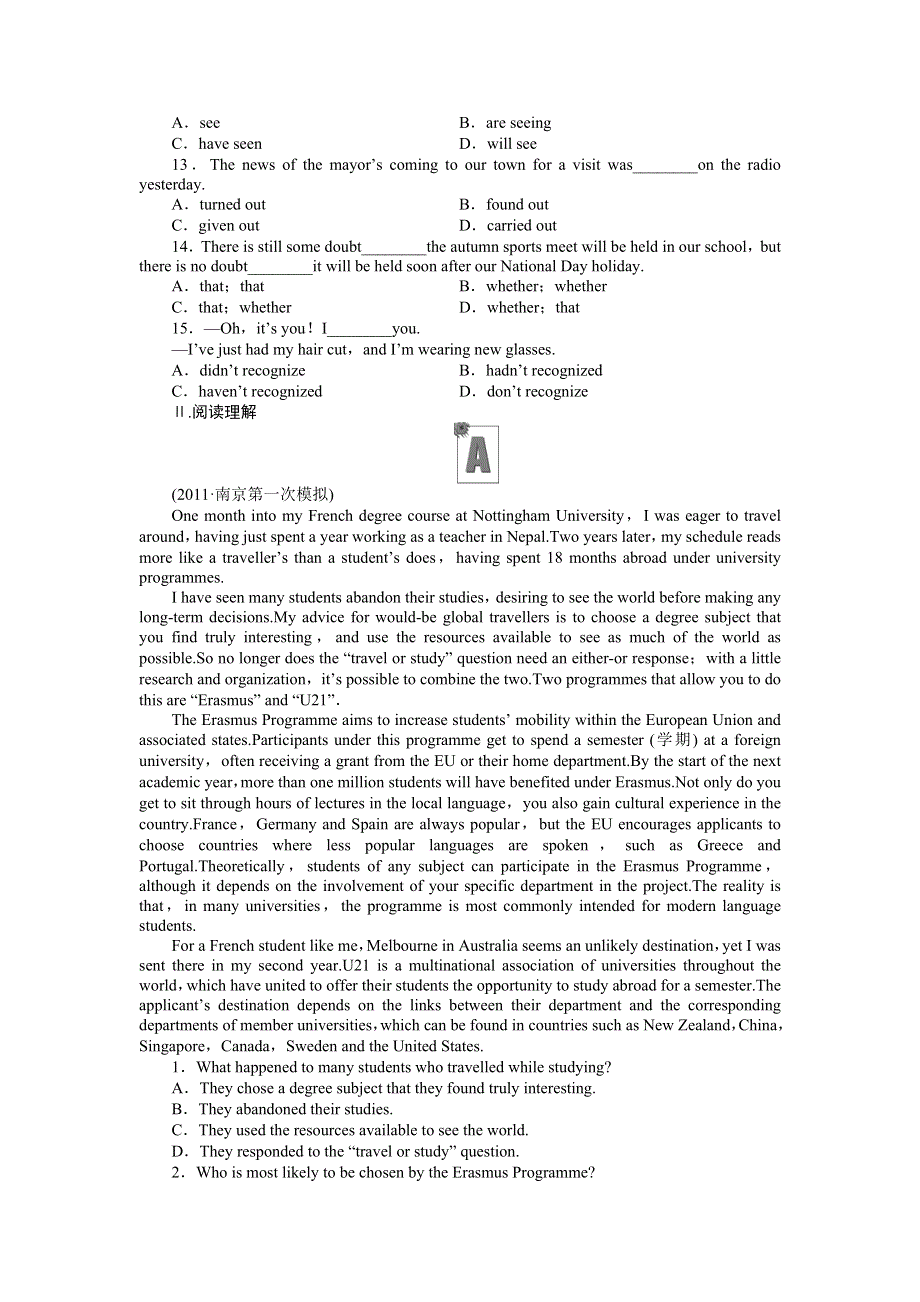 2012《金版新学案》高考总复习（北师大·新课标全国卷Ⅰ）（练习）英语7课时作业（三十九）.doc_第2页