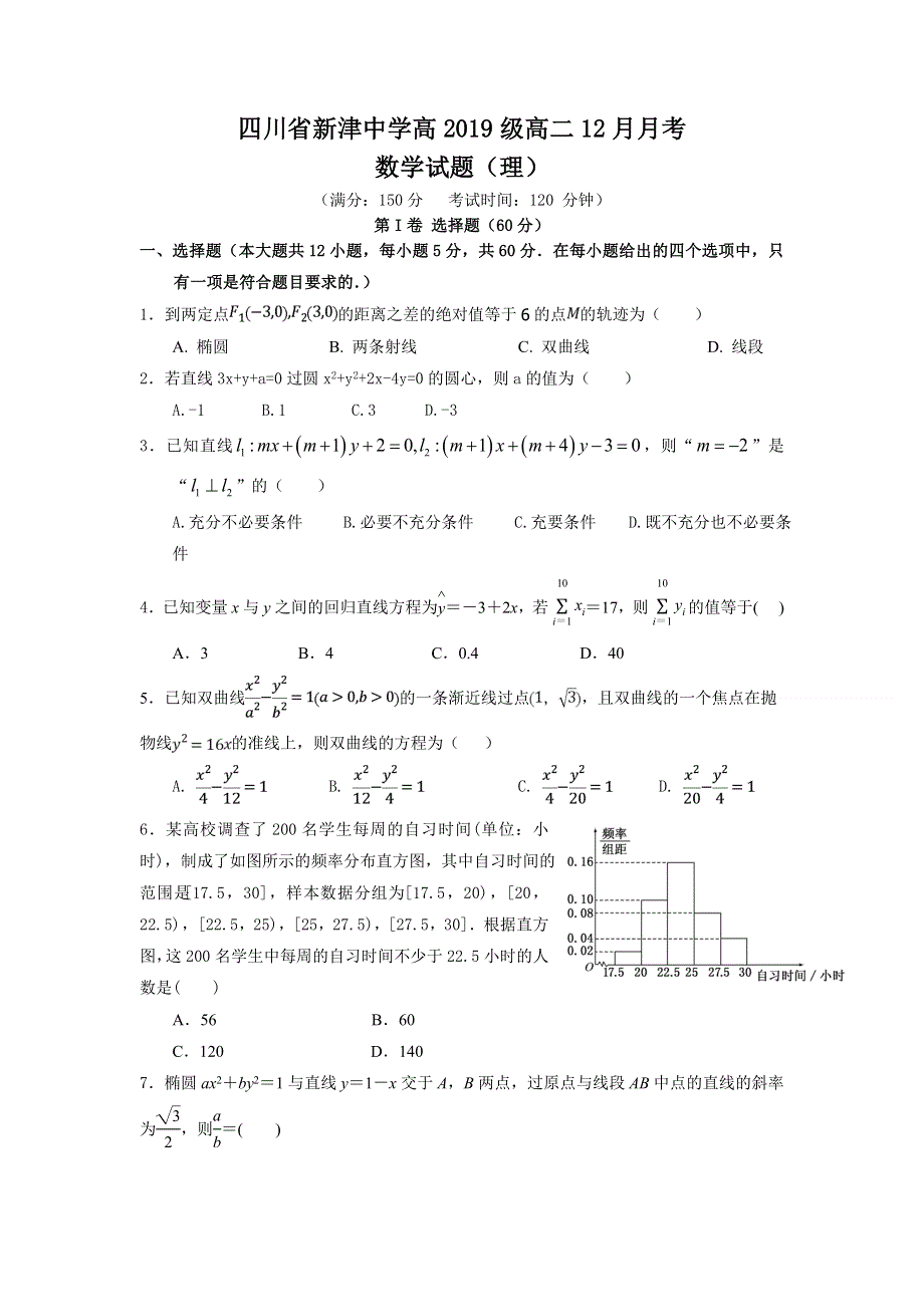 四川省成都市新津中学2020-2021学年高二上学期12月月考数学（理）试题 WORD版含答案.doc_第1页