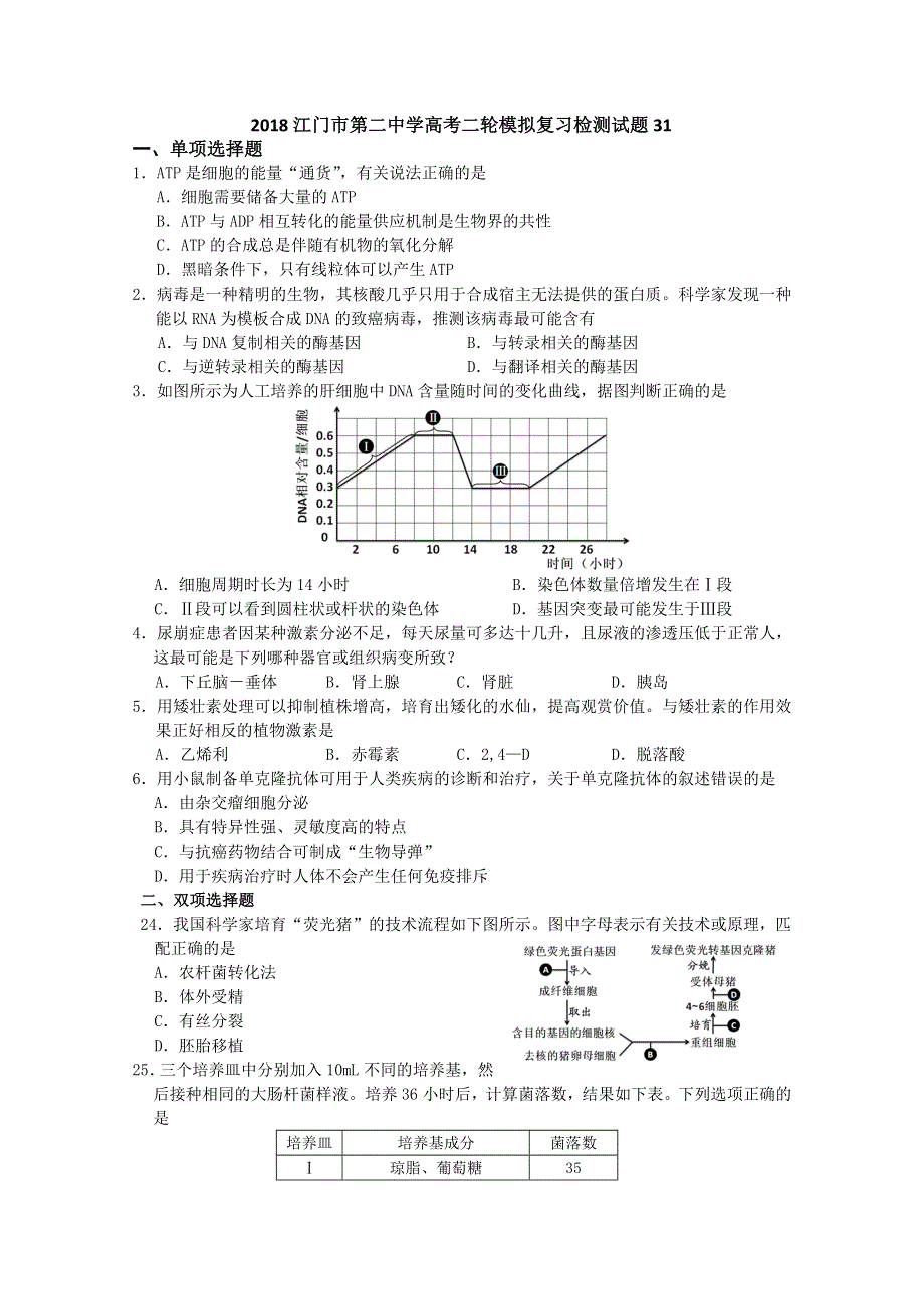 《发布》2018广东省江门市第二中学高考生物二轮模拟复习检测试题 31 WORD版含答案.doc_第1页