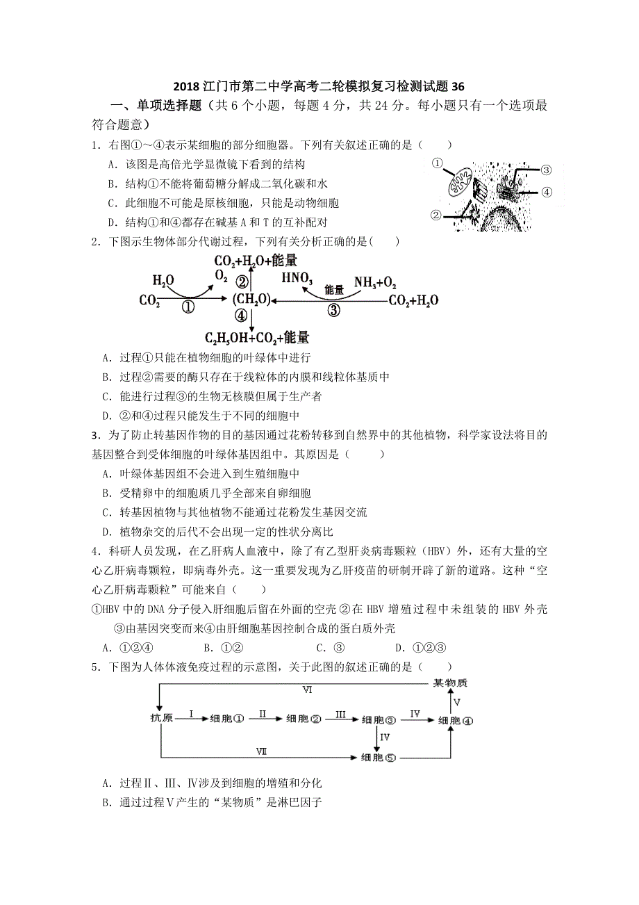 《发布》2018广东省江门市第二中学高考生物二轮模拟复习检测试题 36 WORD版含答案.doc_第1页