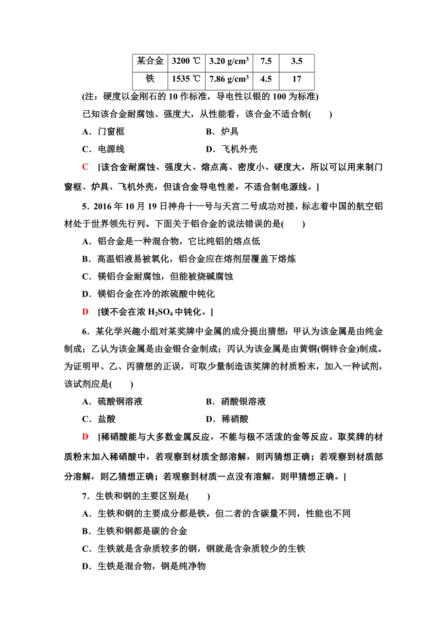 2020-2021学年化学人教版选修1课时分层作业 7 合金 WORD版含解析.doc_第2页