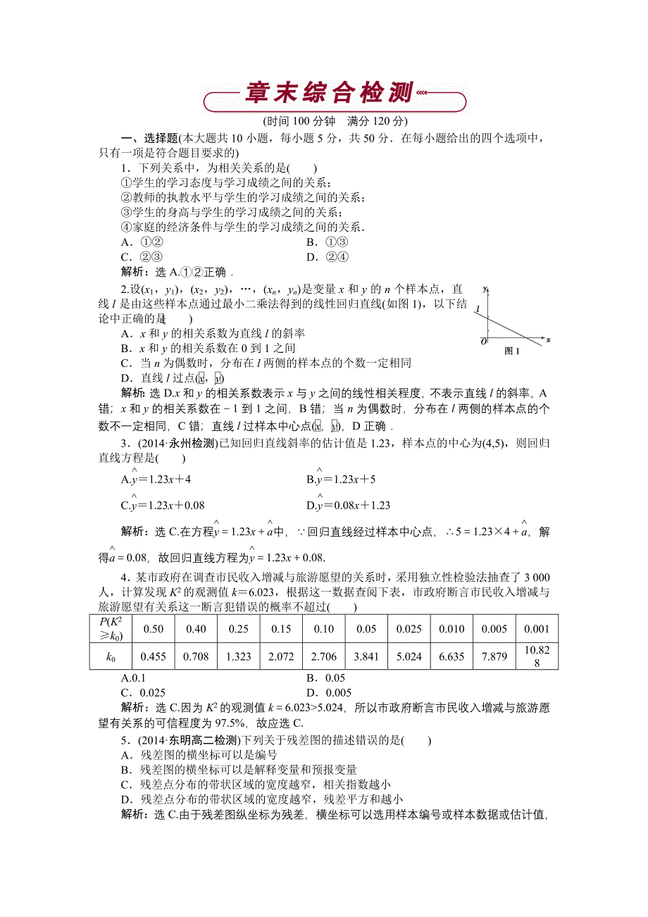 《优化方案》2014-2015学年下学期高二数学（人教版选修2-3）第三章章末综合检测 WORD版含答案.doc_第1页