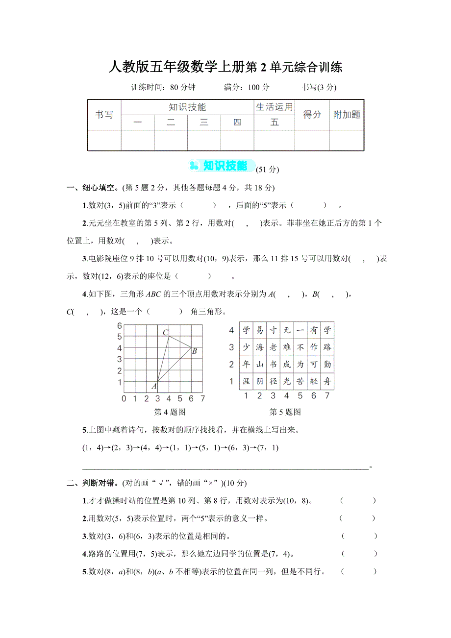 人教版五年级数学上册第2单元综合试卷附答案 (1).doc_第1页