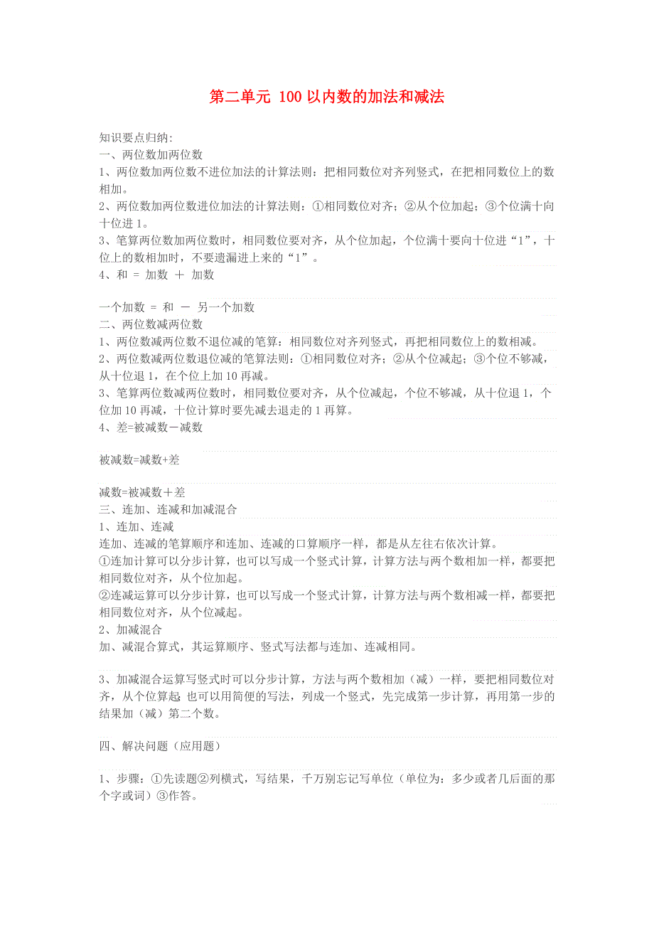 二年级数学上册 2 100以内的加法和减法（二）知识归纳 新人教版.doc_第1页