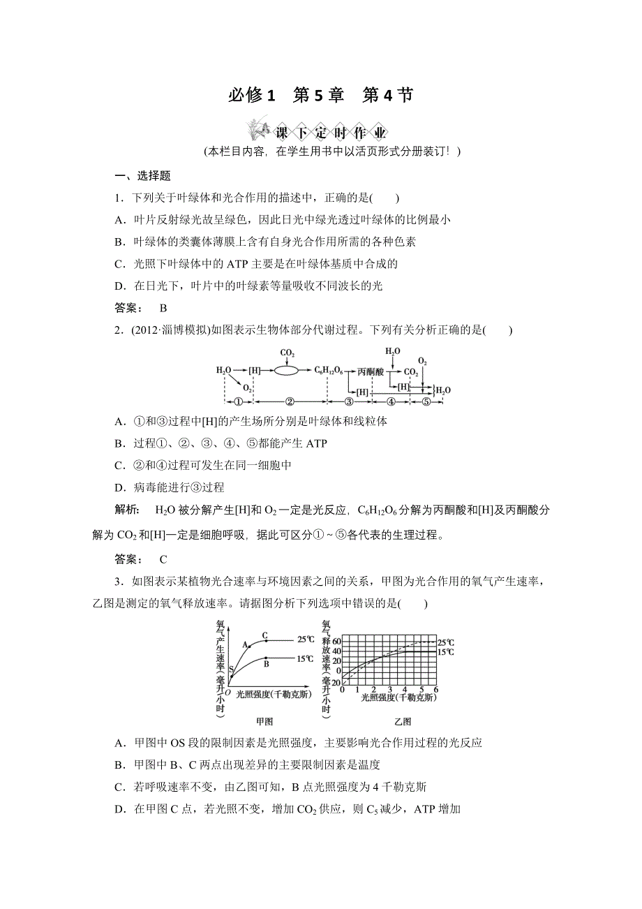 2013届高考生物一轮复习课下定时作业：1-5-4光合作用（人教版）.doc_第1页