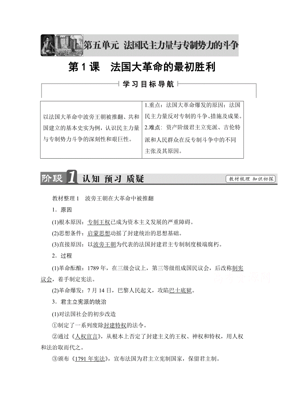 2016-2017学年高中人教版历史习题 选修二 第五单元 法国民主力量与专制势力的斗争 第1课 WORD版含答案.doc_第1页