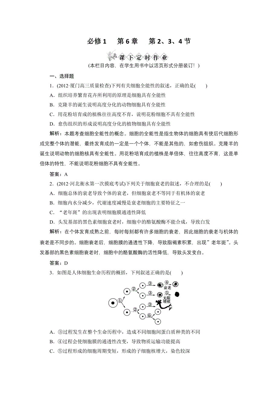 2013届高考生物一轮复习课下定时作业：1-6-细胞分化衰老癌变（人教版）.doc_第1页