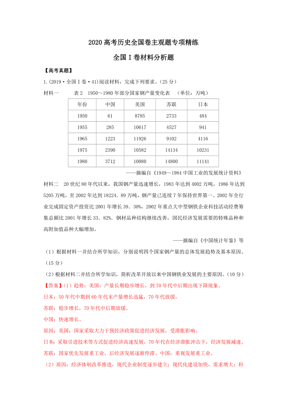 《发布》2020年高考全国卷历史主观题专项精炼1-全国I卷材料分析题 WORD版含解析.doc_第1页