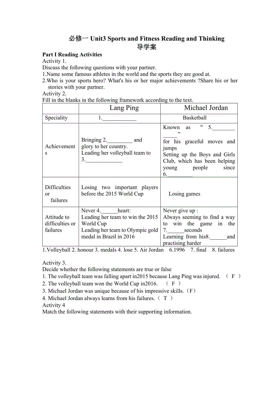 人教必修一UNIT 3 SPORTS AND FITNESS READING AND THINKING导学案.docx_第1页