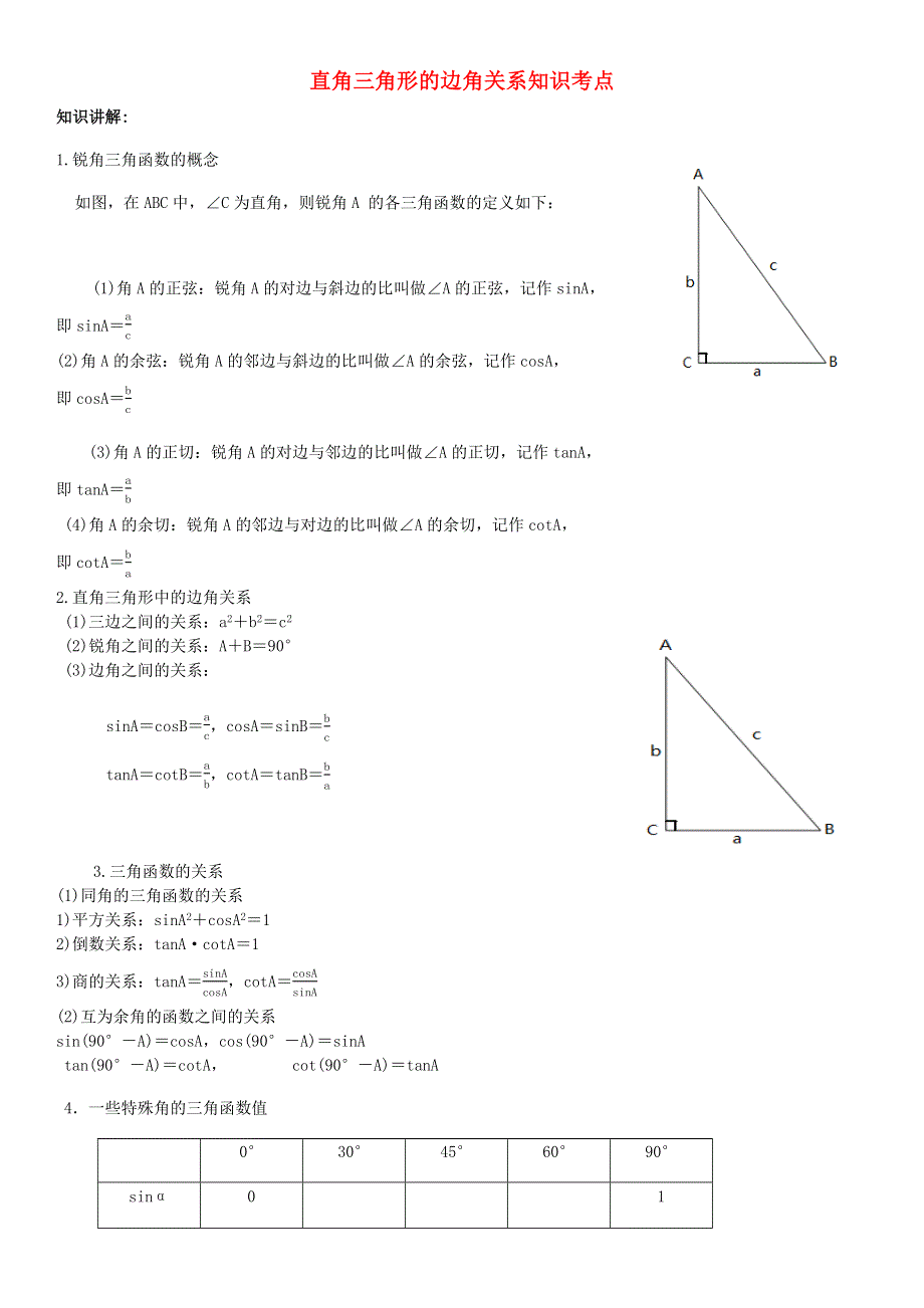 九年级数学下册 第一章 直角三角形的边角关系知识点（新版）北师大版.docx_第1页