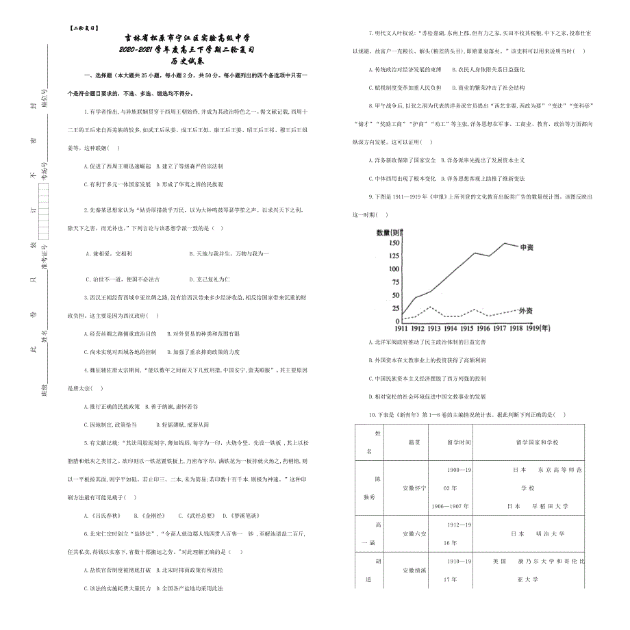 吉林省松原市宁江区实验高级中学2021届高三下学期二轮复习历史试题 WORD版含答案.docx_第1页