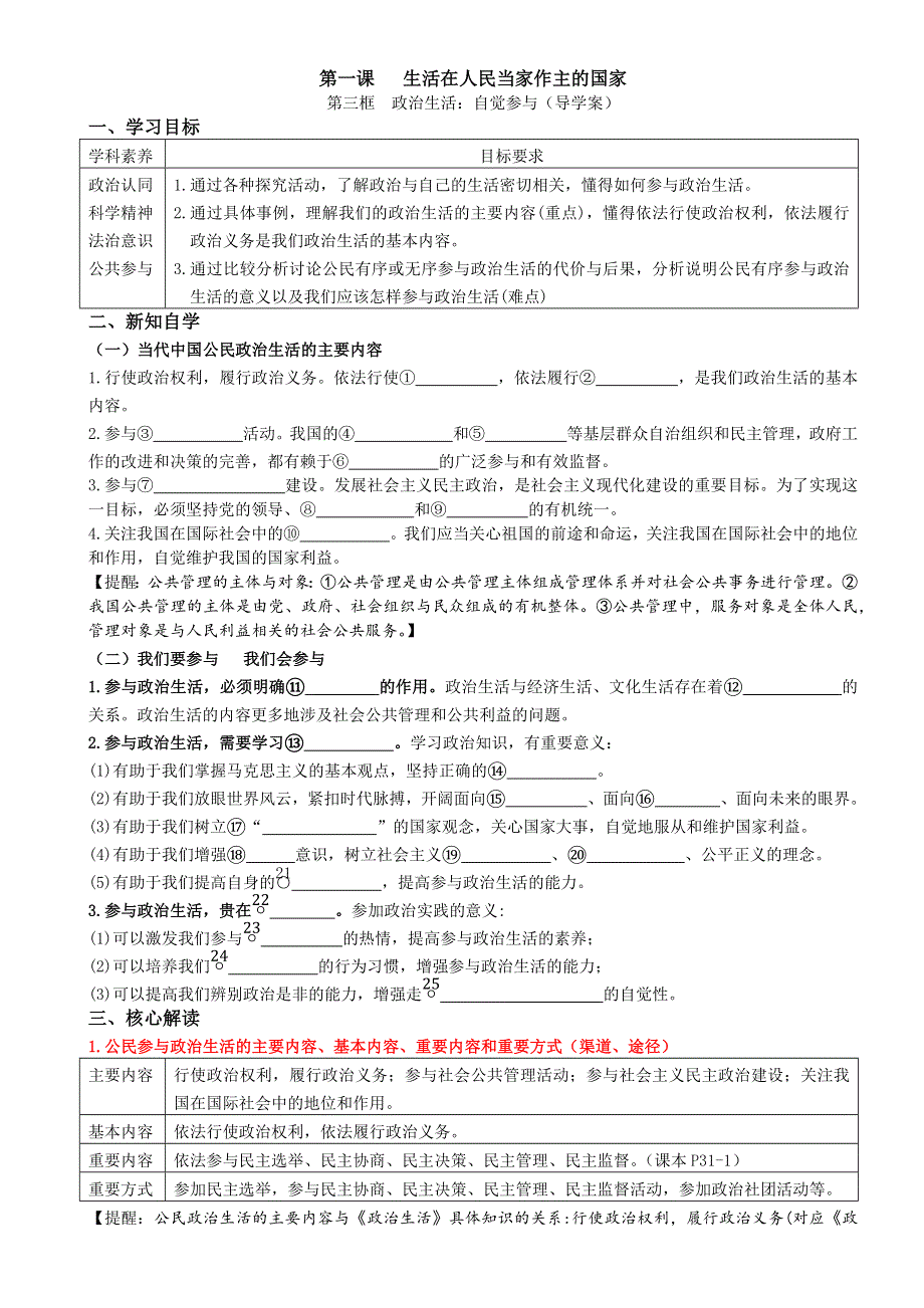 人教新课标高中政治必修二政治生活 1-3 政治生活：自觉参与 学案 WORD版.docx_第1页