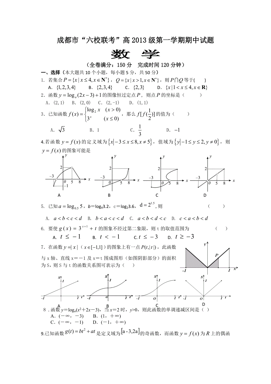 四川省成都市六校协作体2013-2014学年高一上学期期中考试数学试题 WORD版含答案.doc_第1页