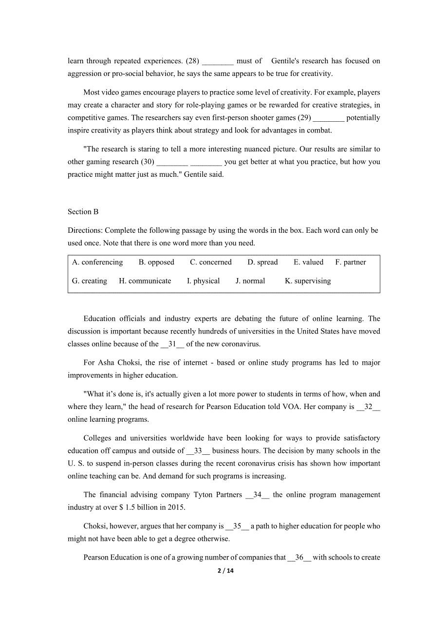 上海市交大附中（嘉定分校）2020届高三下学期第二次阶段测试英语试题 WORD版含答案.docx_第2页